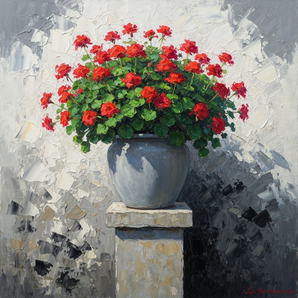 Vibrant Red Flowers in Gray Pot, Impressionist Style Paintin...