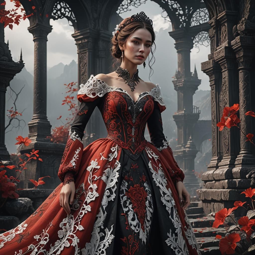 Lady in Red with Black and White Lace