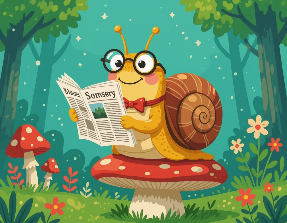 Smiling Snail Reads News in Whimsical Style