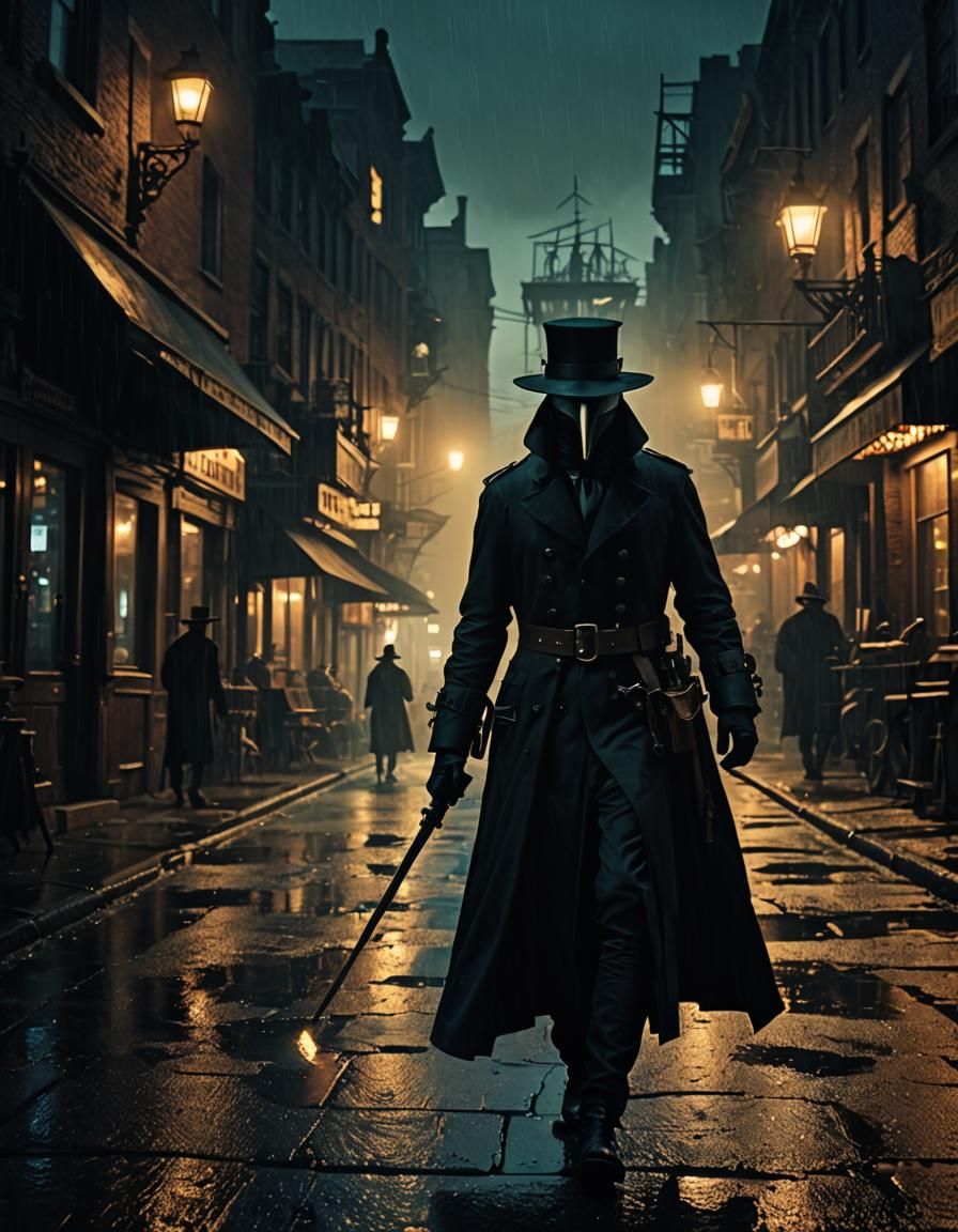 Silhouette of a plague doctor walk8ng down a dimly lit Steampunk city street at night rain, fog, smokey, 4k resolution m...