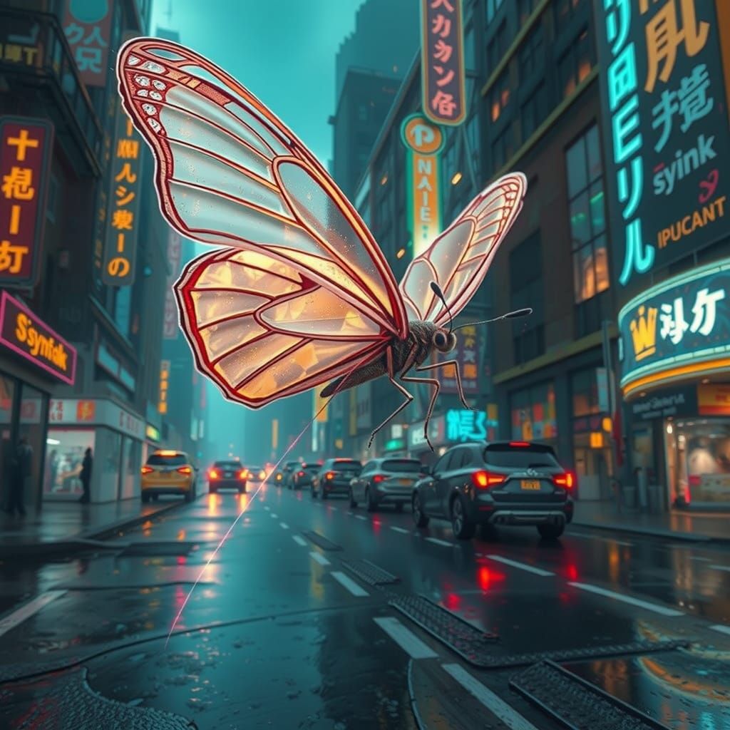 Neon Butterfly Illuminates Cyberpunk City