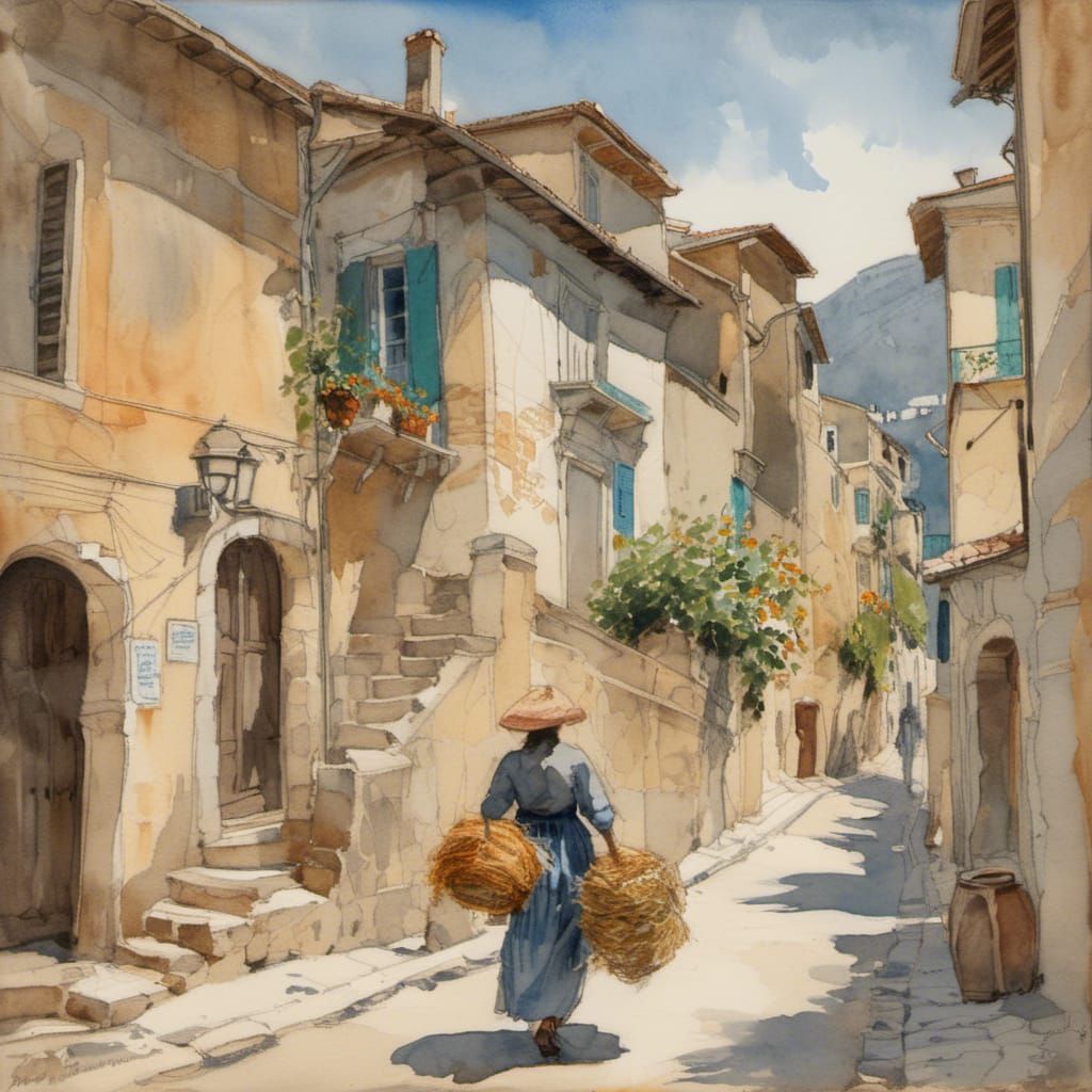 Italian Street Scene in Gouache Style
