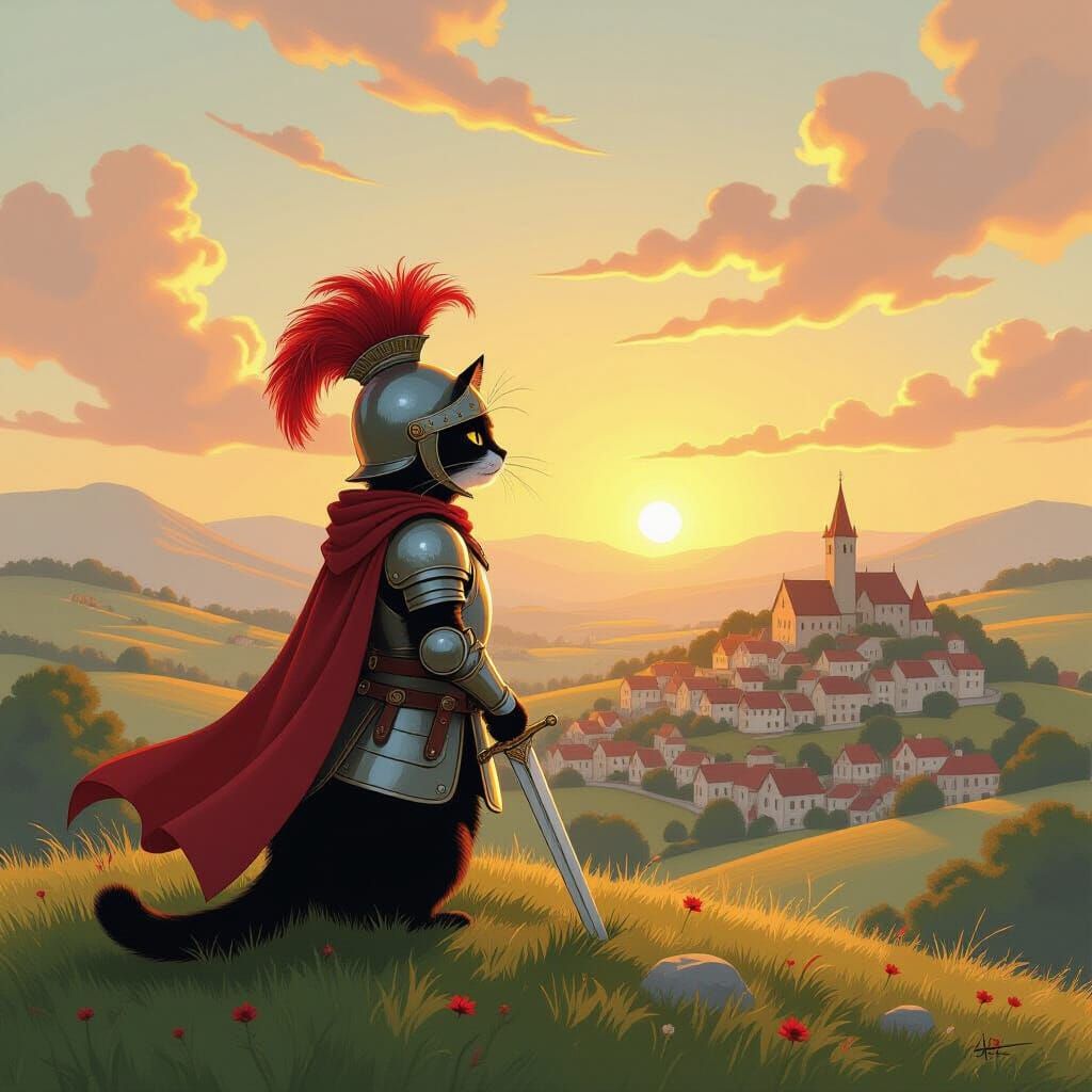 Cat Knight Overlooks Village in Rackham-Miyazaki Style