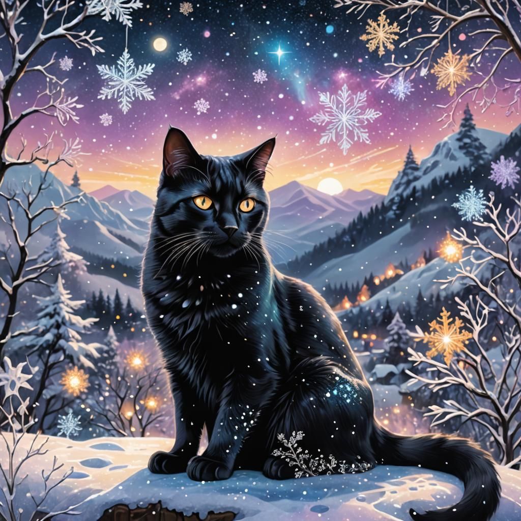 Magical Landscape with Black Cat in Cosmic Illustration