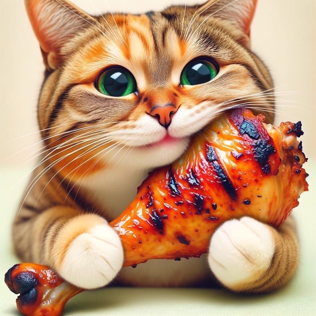 Happy Tabby Cat Enjoys Oversized Chicken Leg