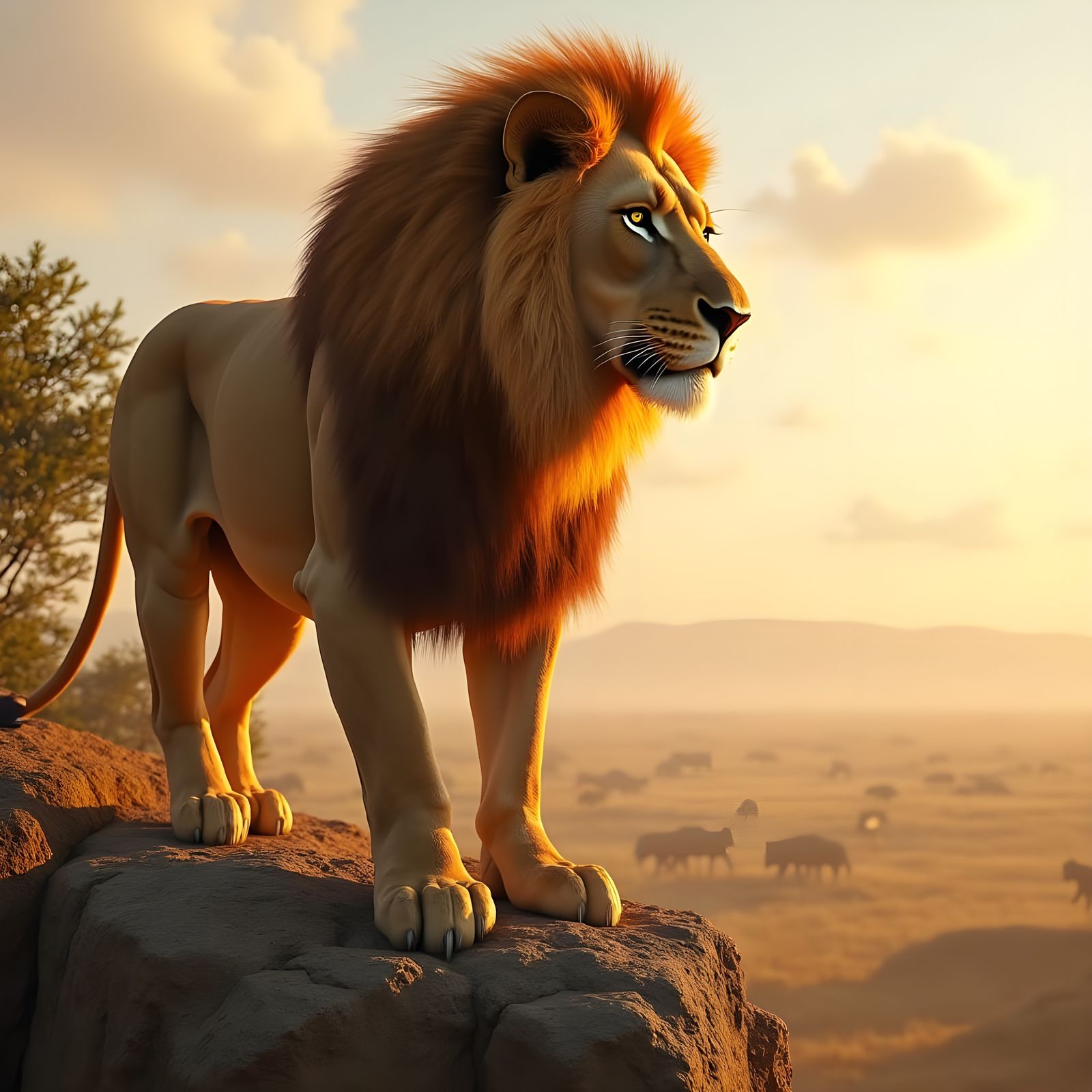 Majestic Lion in Fiery Mane, Standing on Rocky Cliff Overloo...