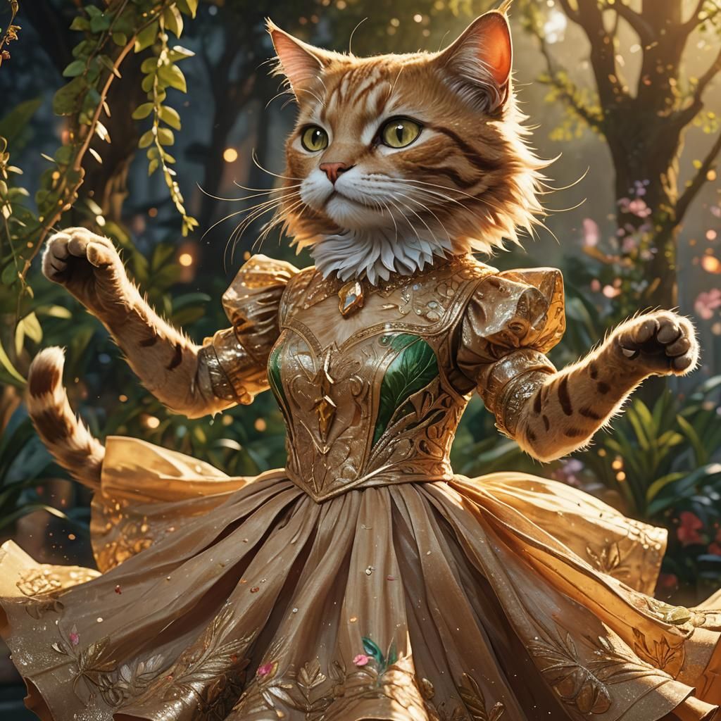 Fantasy Cat Girl Dancing in Golden Light