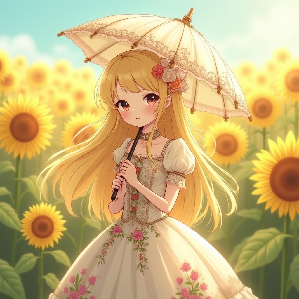 Android Girl in Sunflower Field, Anime Style