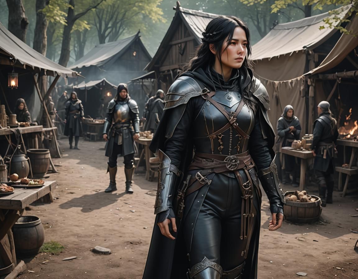 Dark Fantasy Woman in Medieval Camp: 3D Anime Art