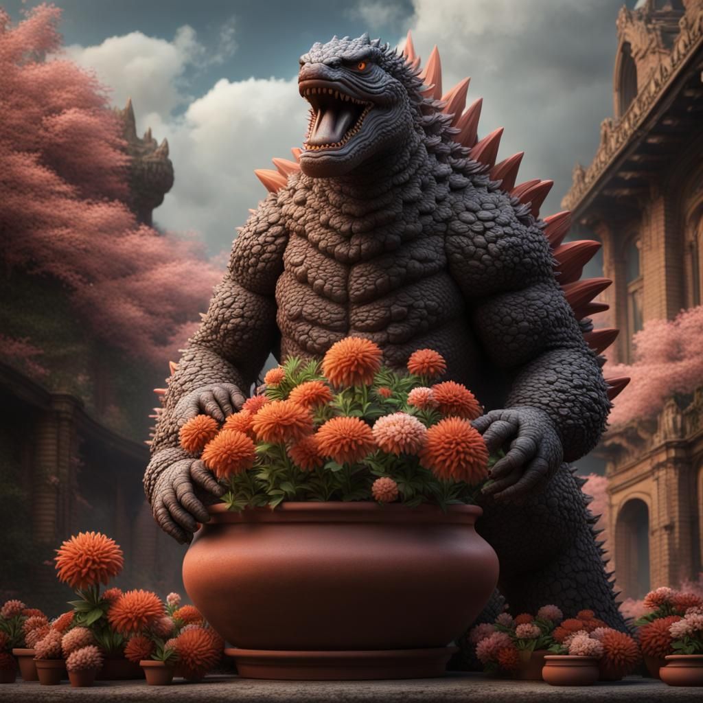 Terra Cotta Godzilla with Flowers: Digital Matte Painting