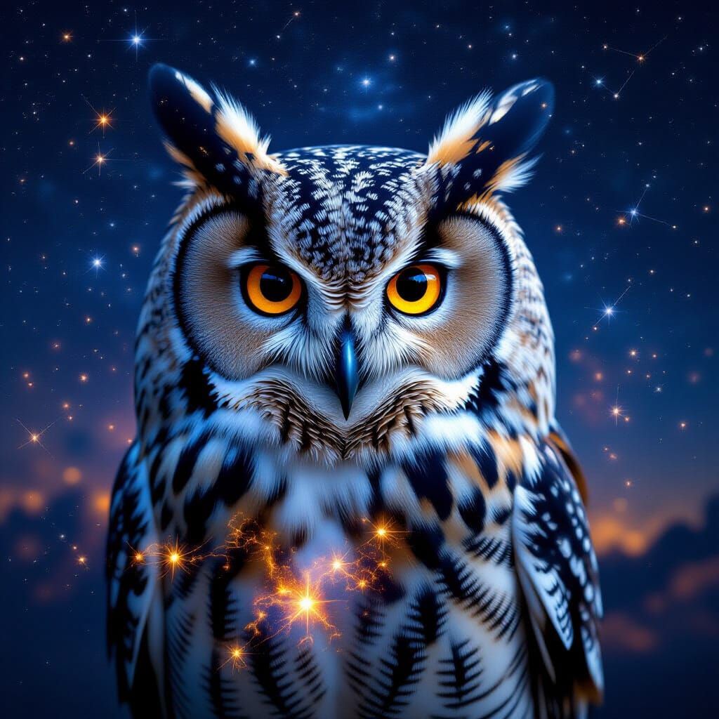 Wise Owl Double Exposure with Starry Sky