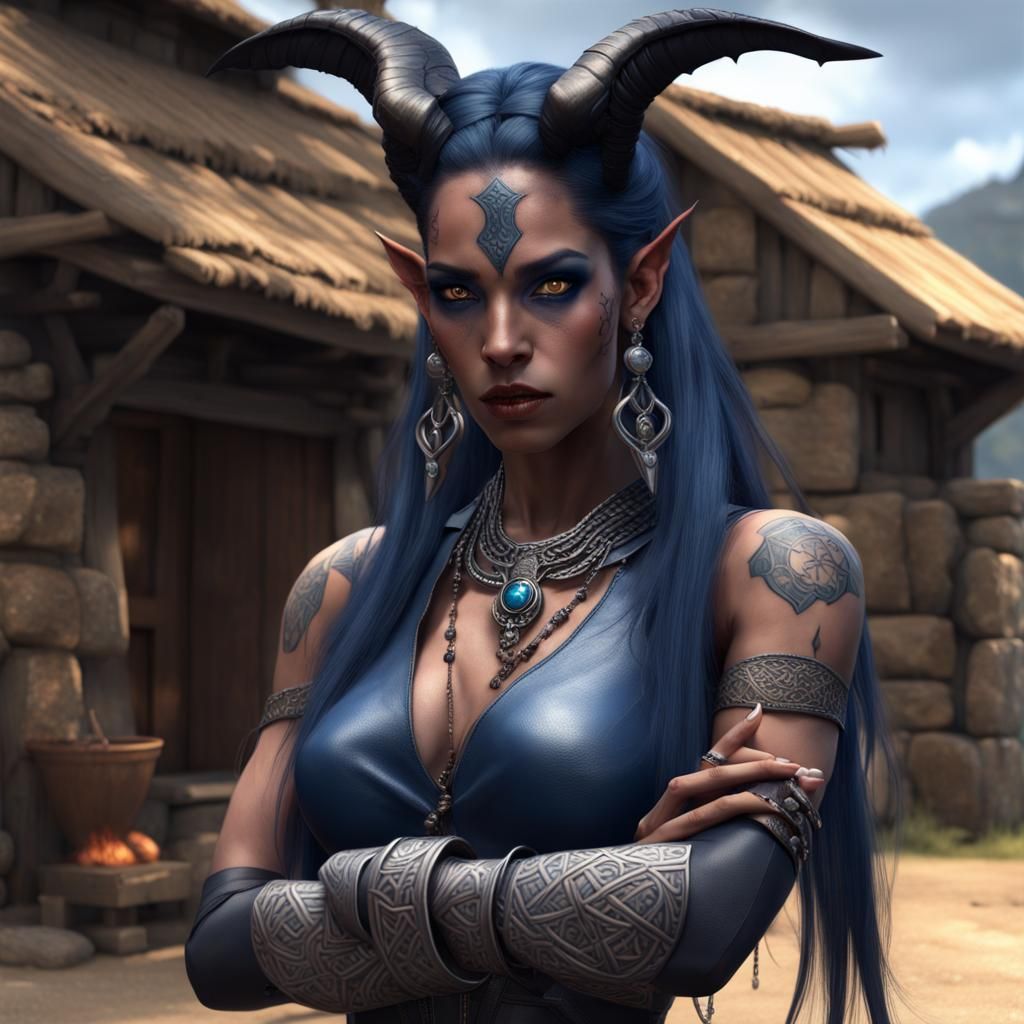 Mystique Tiefling Woman in Ancient Village, 3D Anime