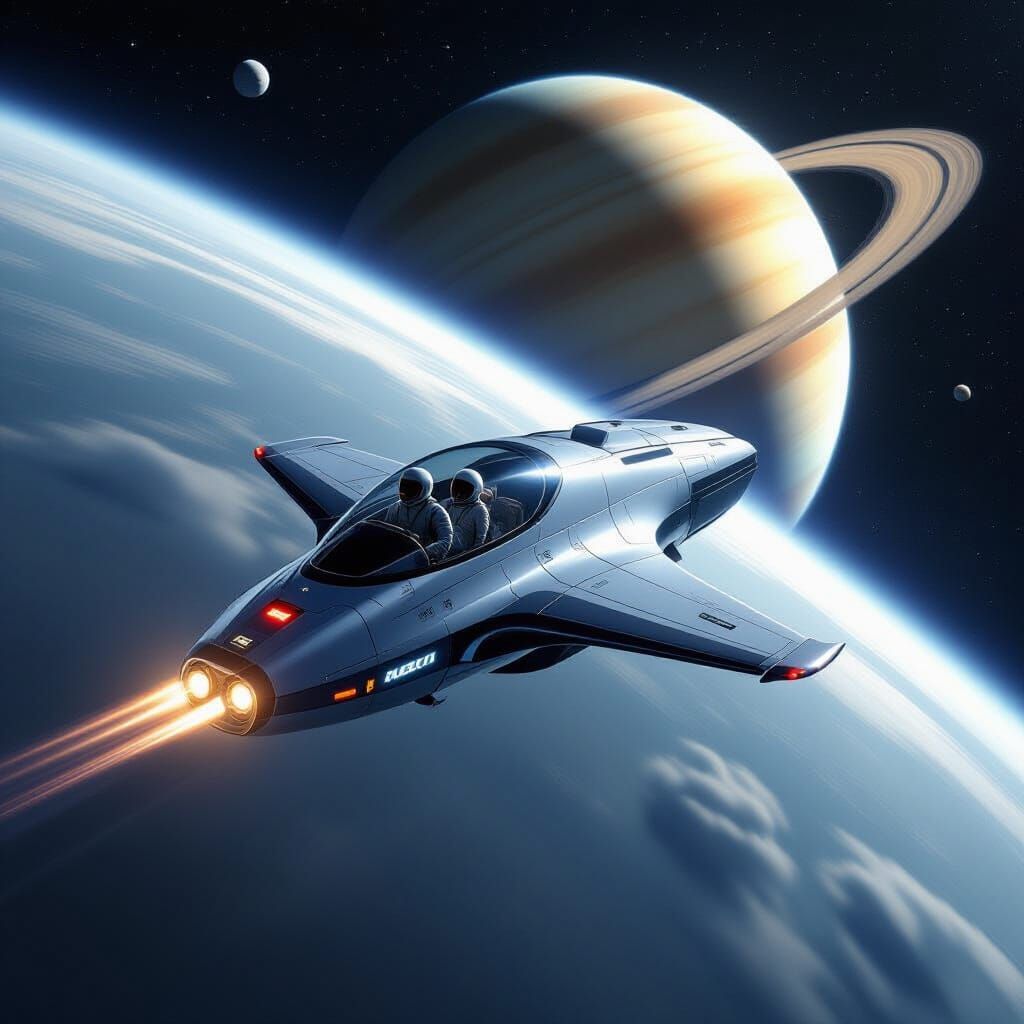 Hyperrealistic Spaceship Travels Around Saturn