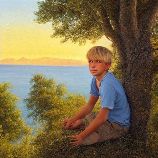 Boy in Tree at Sunset: Photorealistic Oil Painting