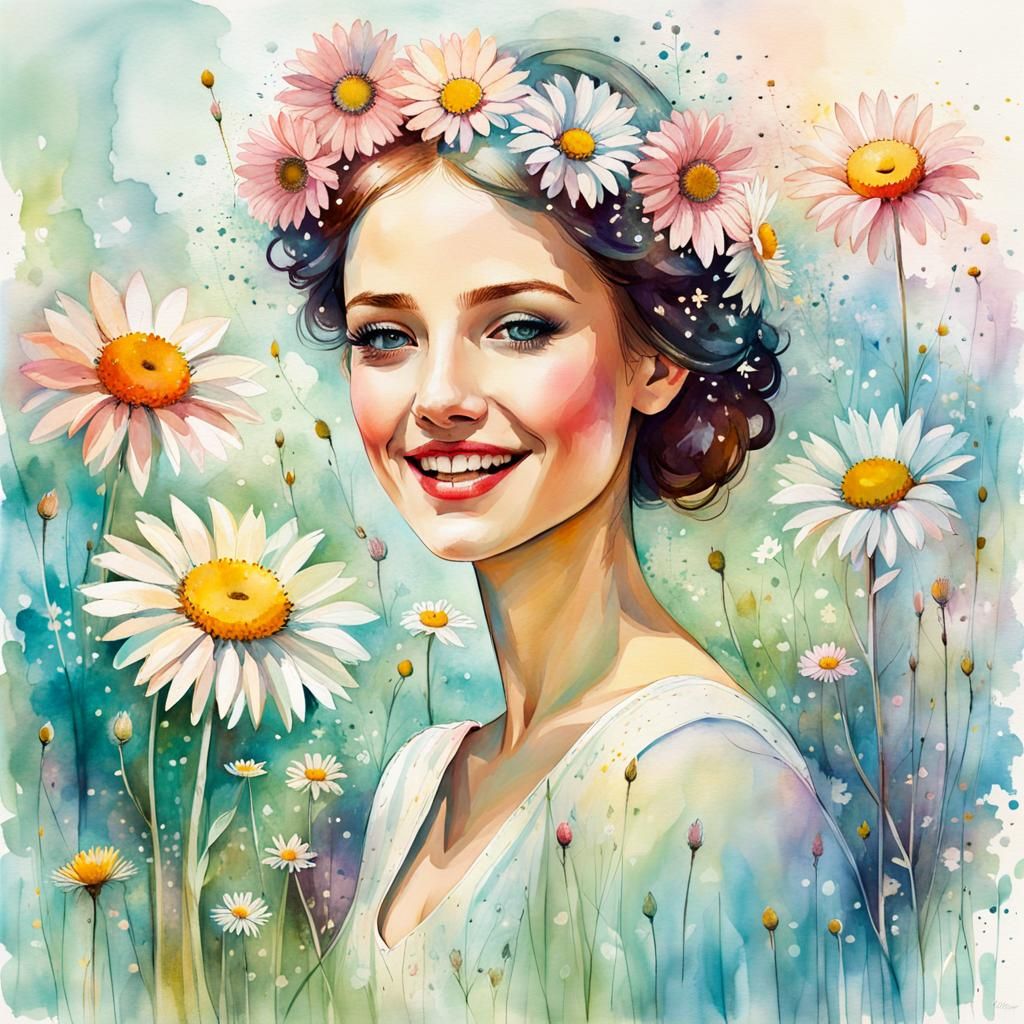 Smiling Woman Portrait in Pastel Watercolor Style