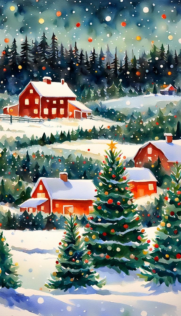 Christmas Tree Farm in Gouache Style