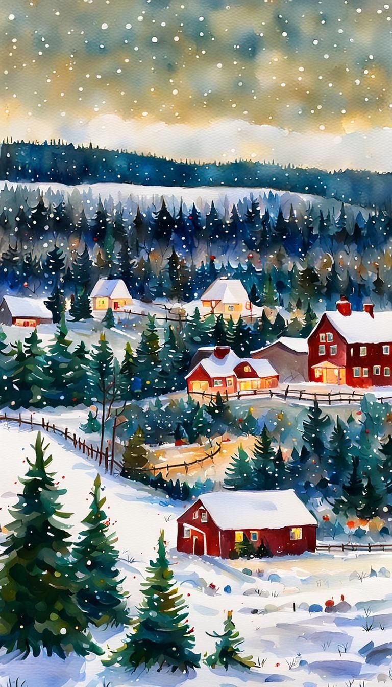 Christmas Tree Farm in Gouache and Watercolor
