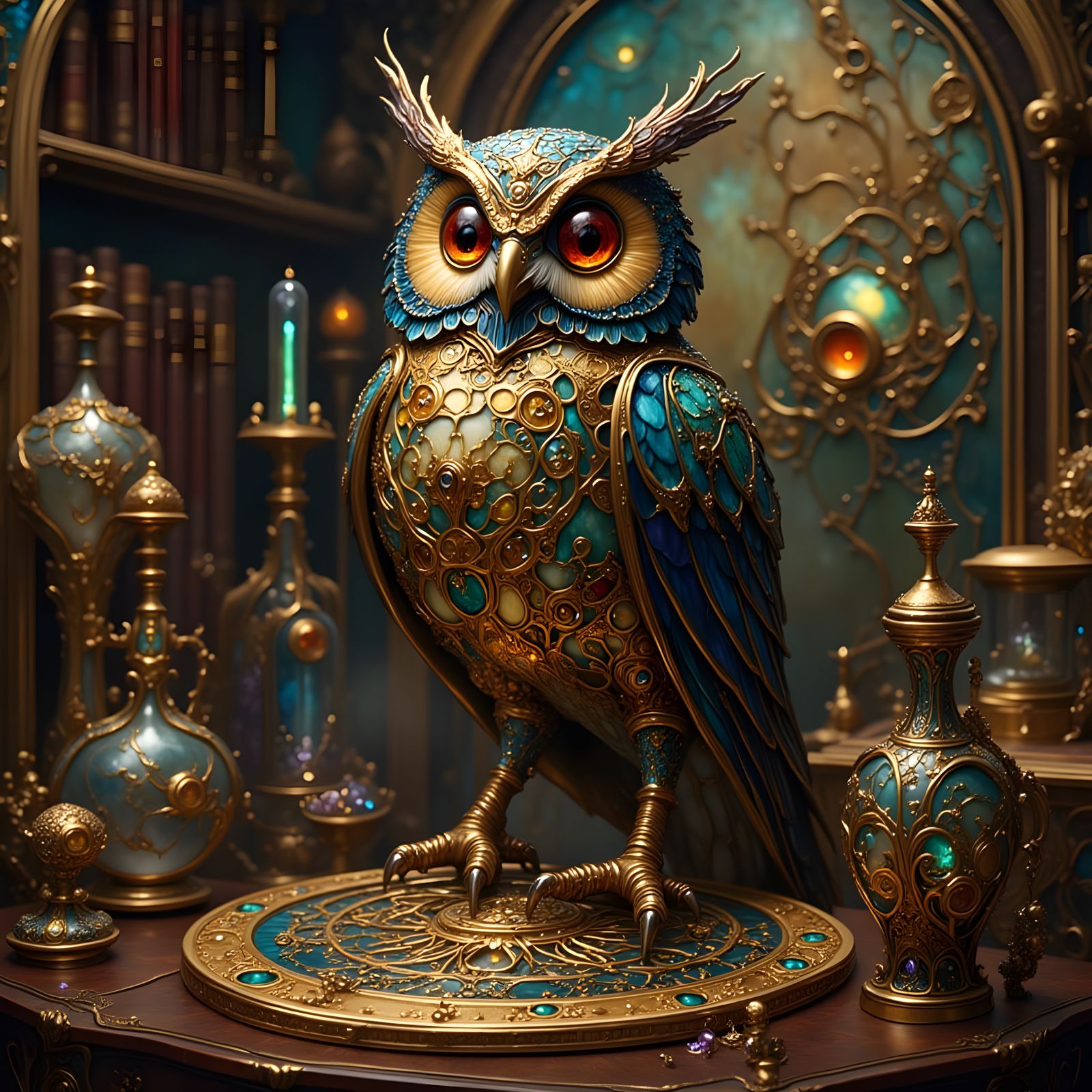 Steampunk Owl on Astrolabe in Victorian Study
