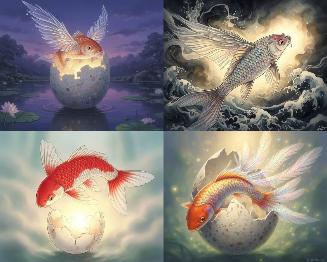 Mythical Koi Fish Hatching with Wings