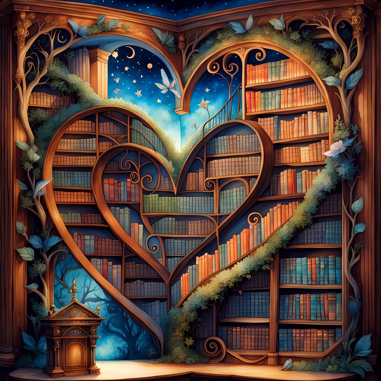 Heart-Shaped Library with Fairies in Expressionist Style