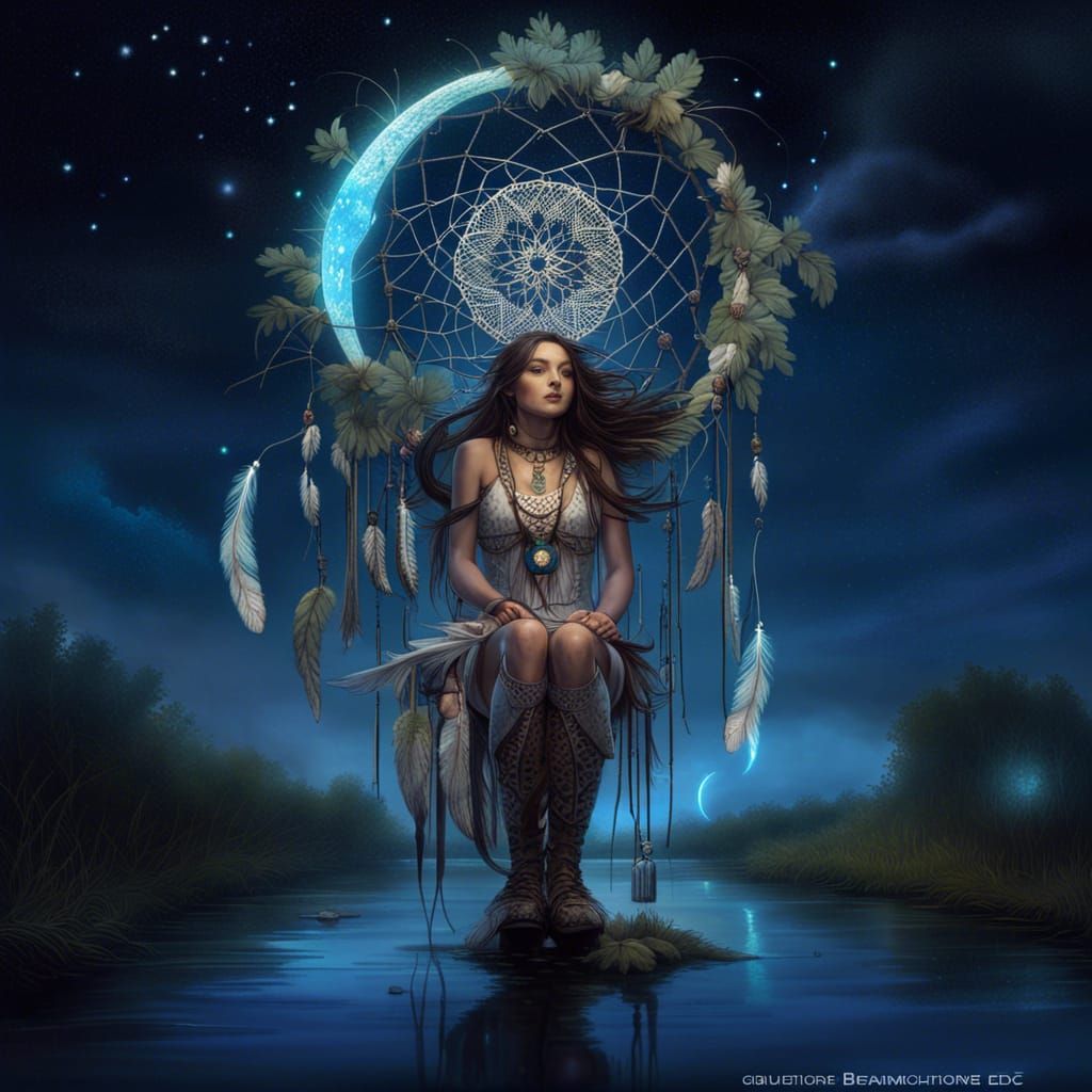 Dreamcatcher Over River at Night in Fantasy Style