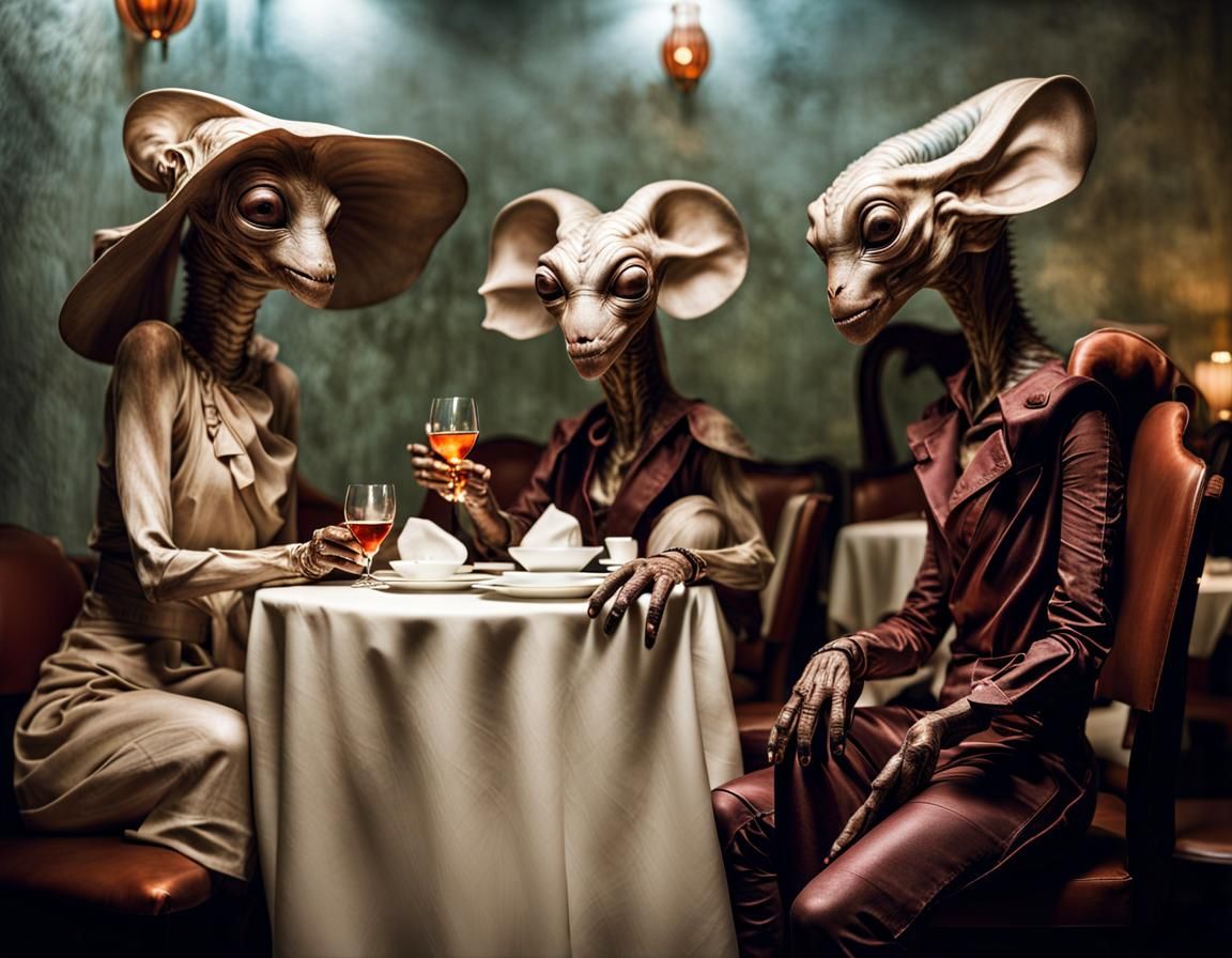 Surreal Restaurant Scene with Aliens and Humans