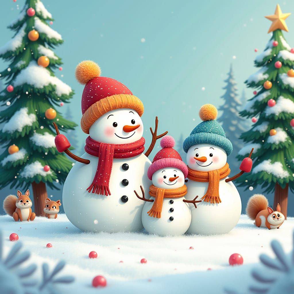 Joyful Snowmen Family in Whimsical Winter Wonderland