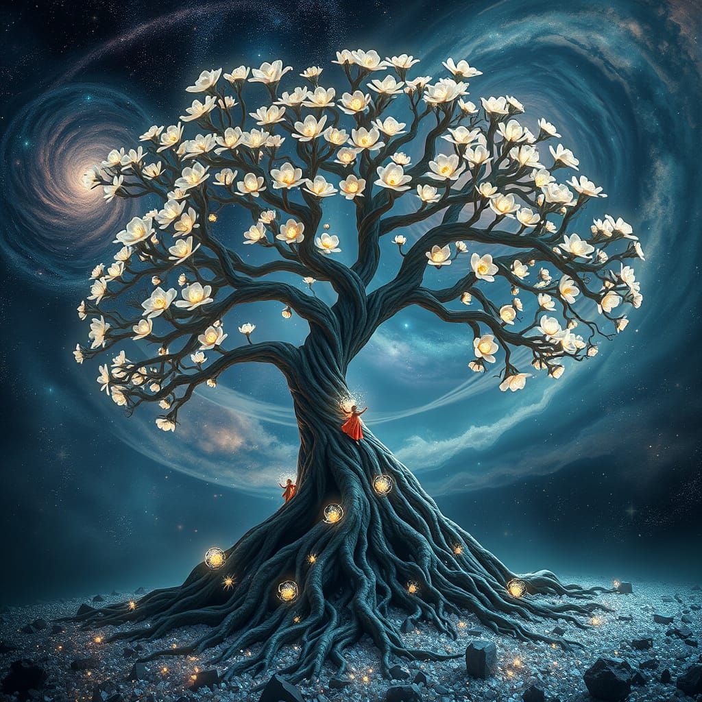 Majestic Tree in Cosmic Landscape with Bioluminescent Flower...