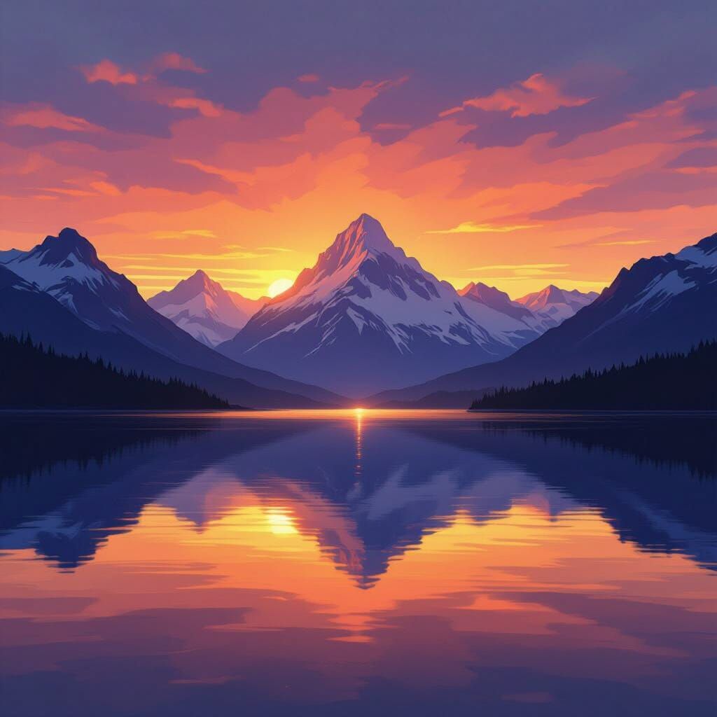 Mountain Sunset Landscape in Digital Art Style