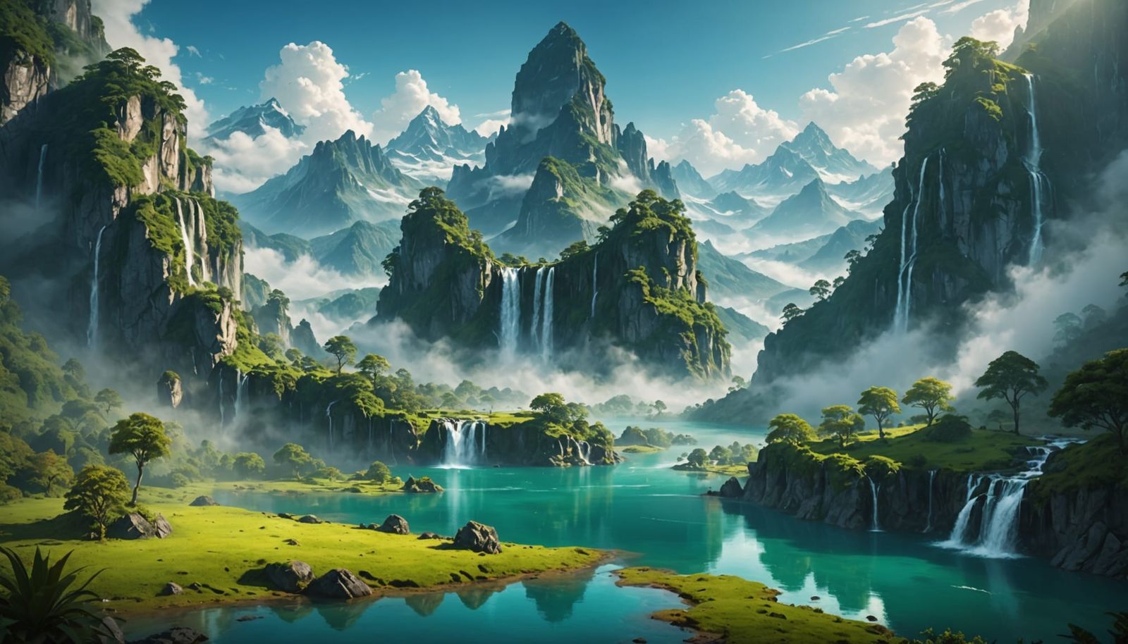 Floating Islands and Emerald Pools in Fantasy Landscape