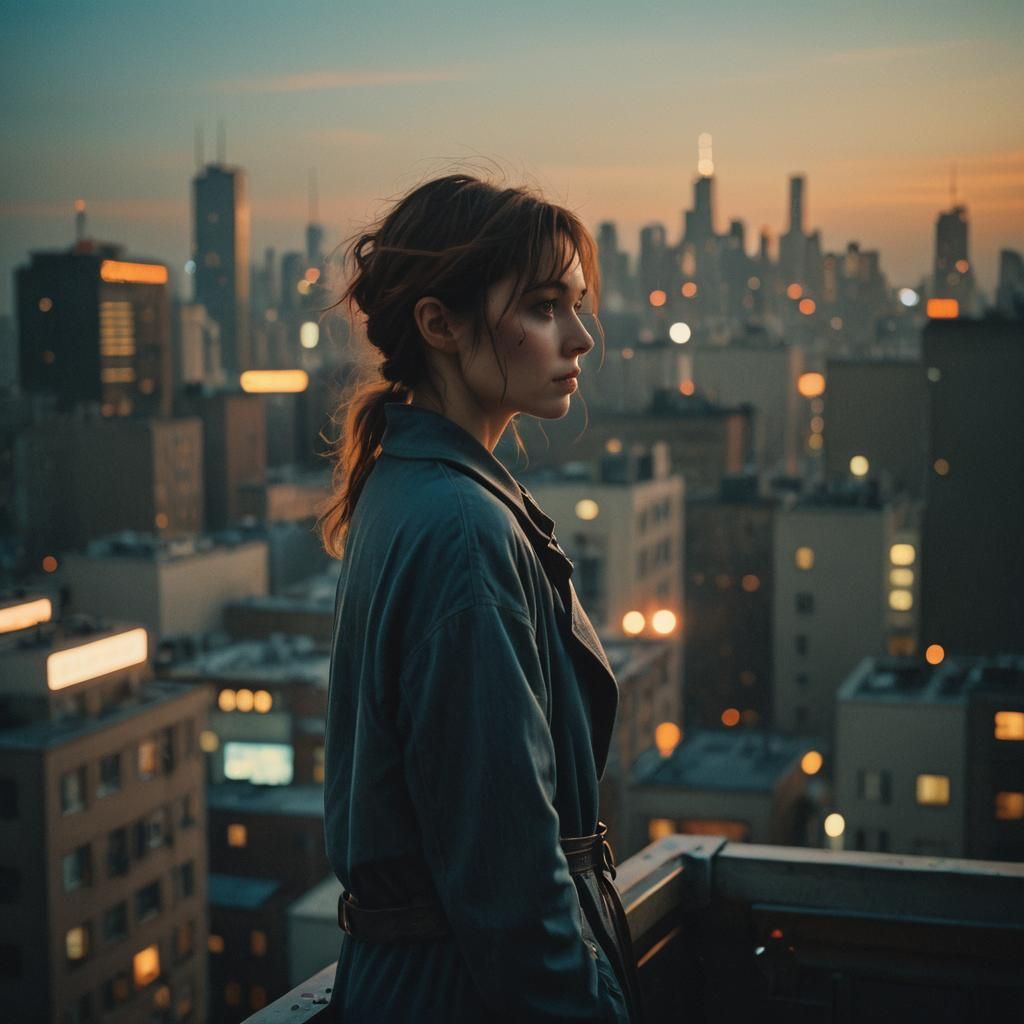 Woman Contemplates Cityscape at Dusk in Film Still