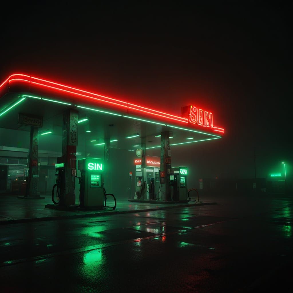 Neon Noir Gas Station 'SIN' in Surreal Fog
