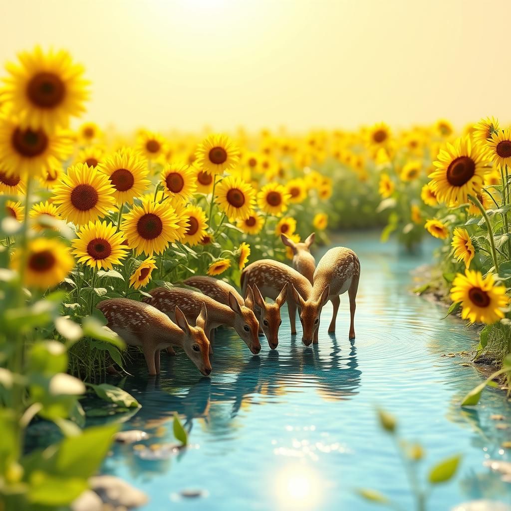 Sunlit Sunflower Field with Deer: 3D Digital Art