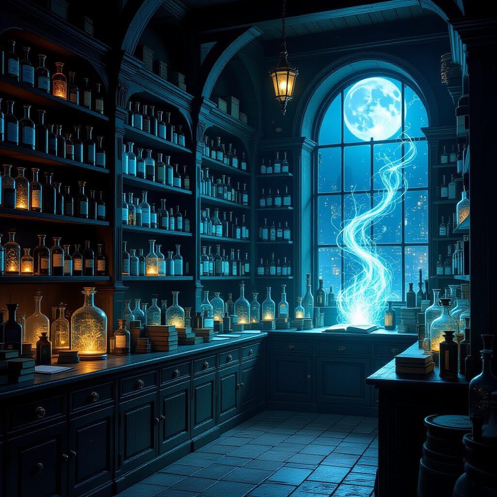 Magical Apothecary Shop at Night in Moonlight