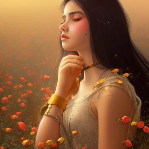 Girl in Gold Dress in Rose Field: Hyperdetailed Portrait