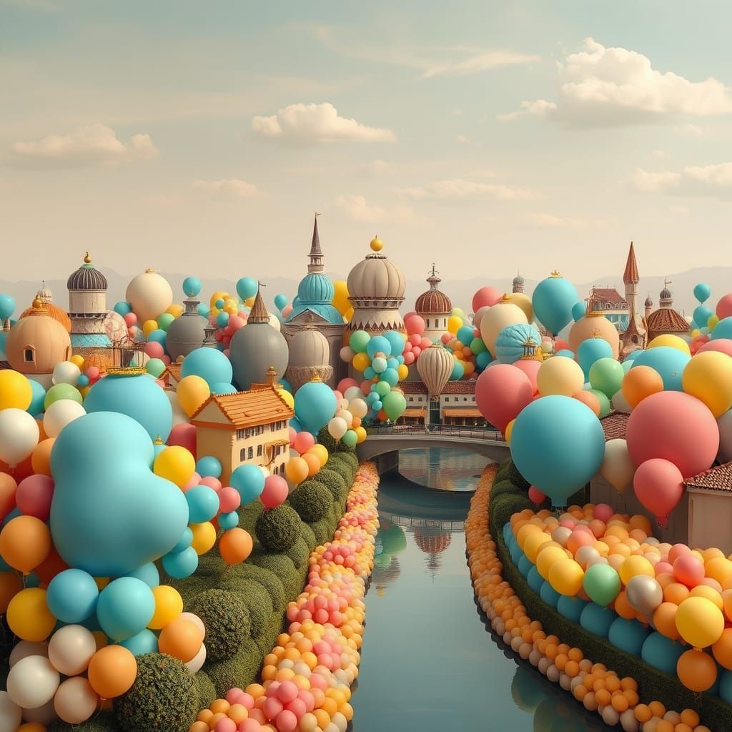 Surreal Pastel Cityscape of Colorful Balloons in Mid-Air