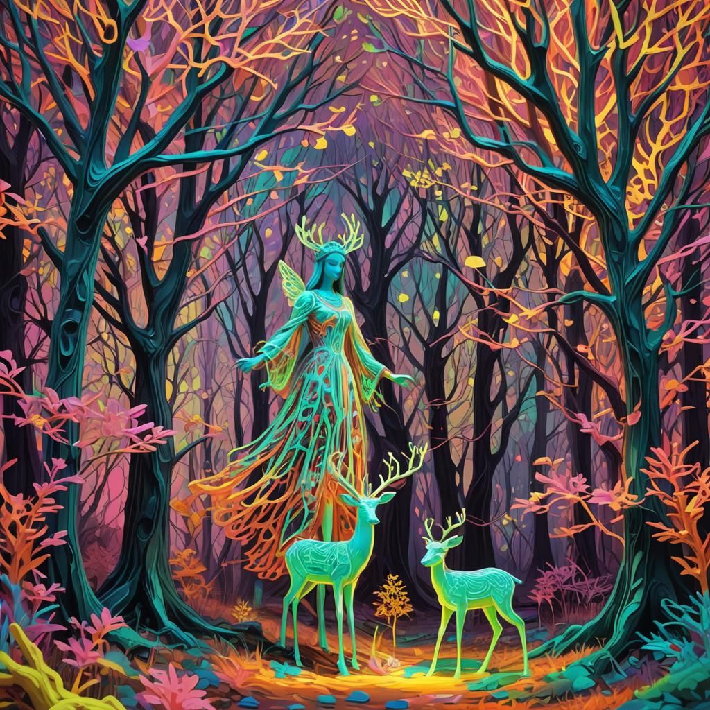 Fluorescent Angel and Bambi in 3D Woodland