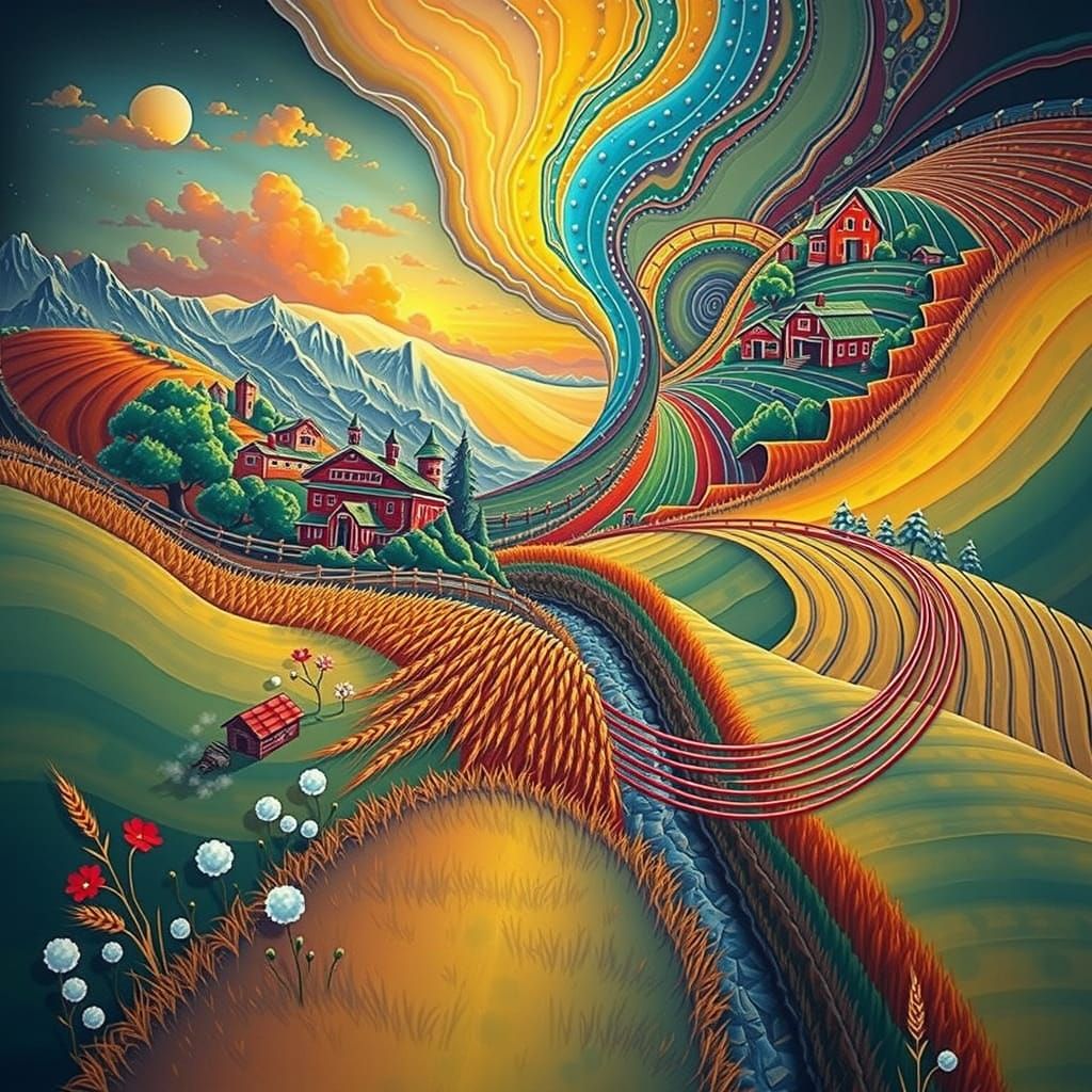 Golden Hour Landscape with Wheat Fields and Hills