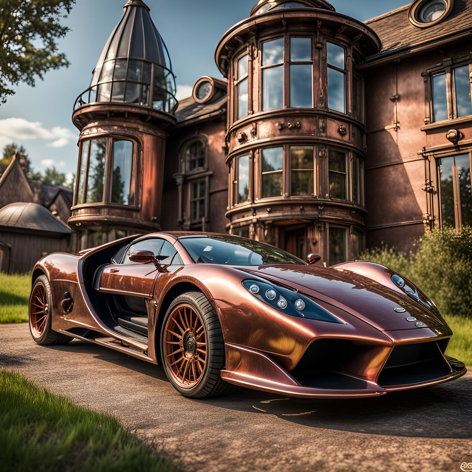 Steampunk Supercar Parked at Abstract Home, HDR
