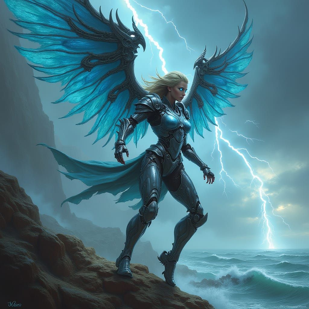 Cyborg Valkyrie Battles Gladiator in Stormy Digital Art