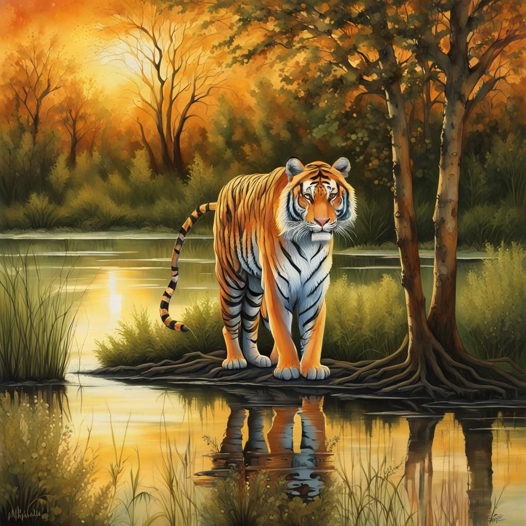 Bengal Tiger in Sunset Landscape, Alcohol Ink Art