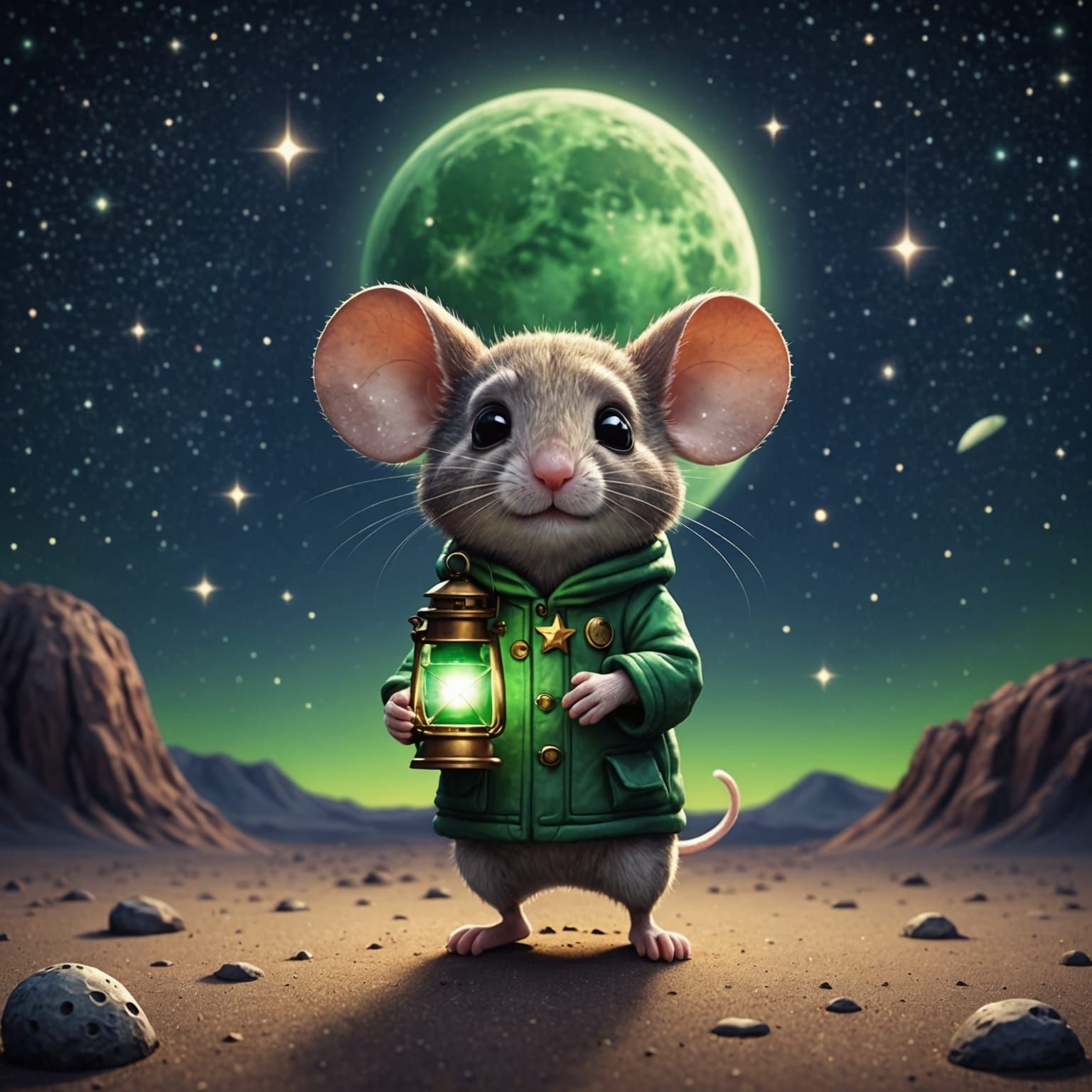 Chibi Mouse on the Moon with Firefly Lantern