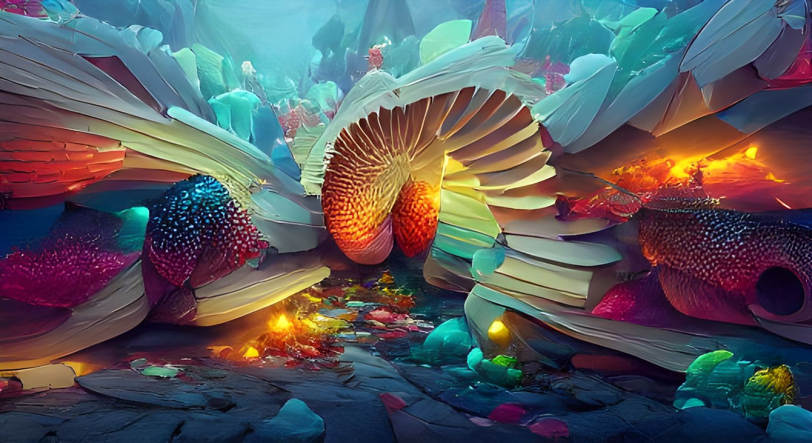 Fractal Seashell with Colorful Fish, Digital Art