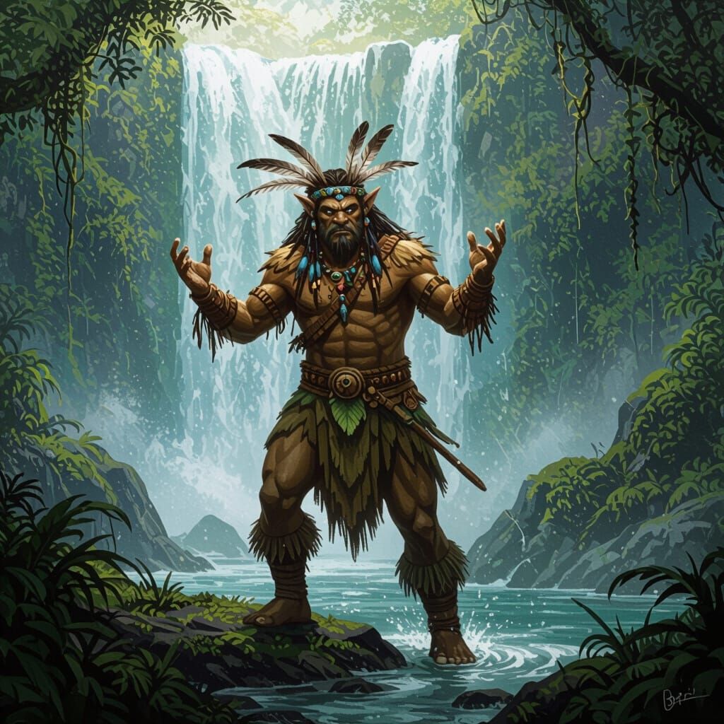 Jungle Shaman at Waterfall in D&D Style