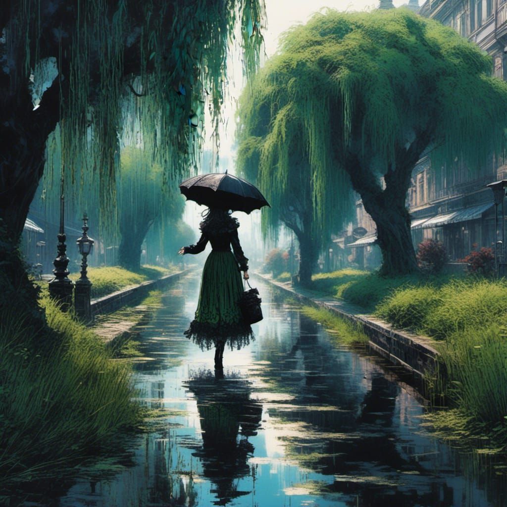 Girl Walks on Rainy Street with Weeping Willows
