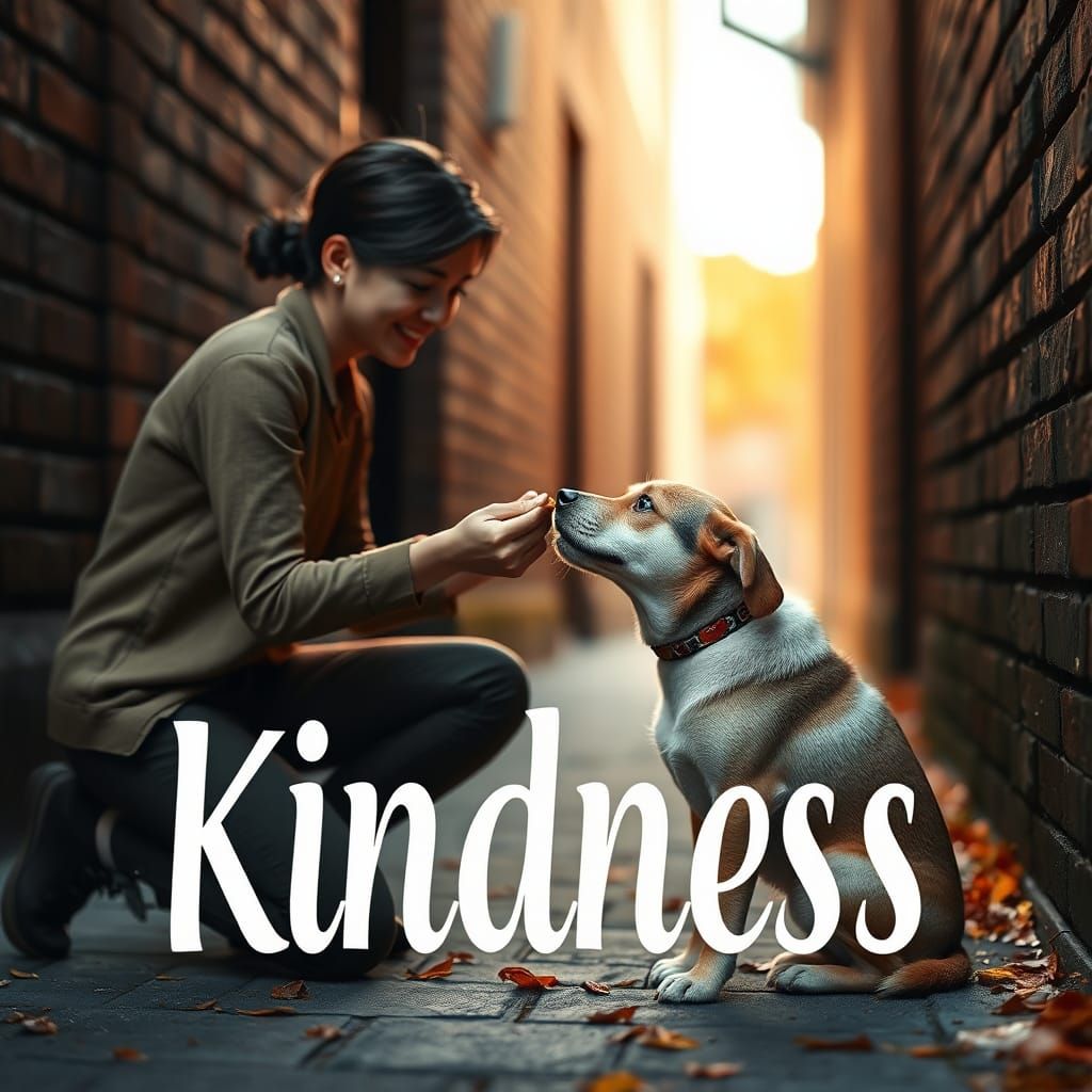 A woman gently feeds a stray dog.