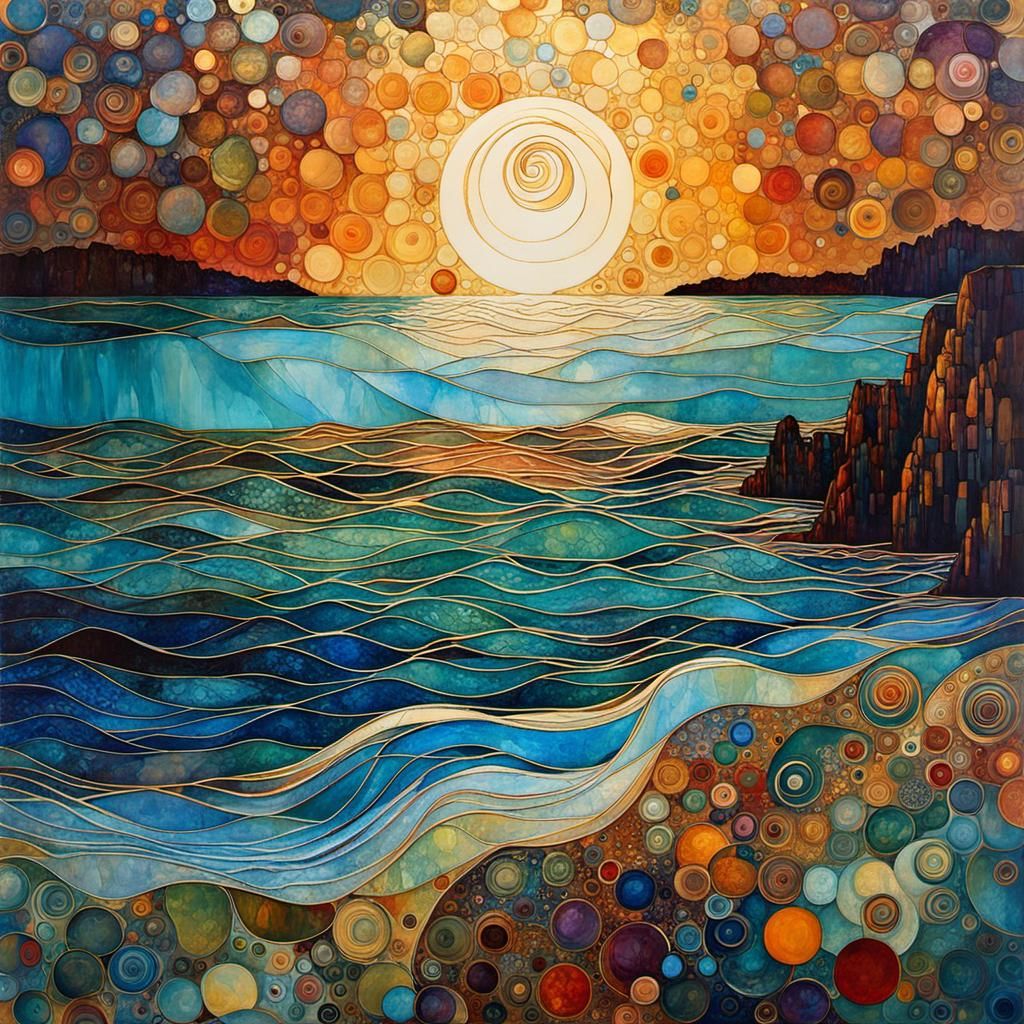 Encaustic Twilight Seascape in Klimt Style