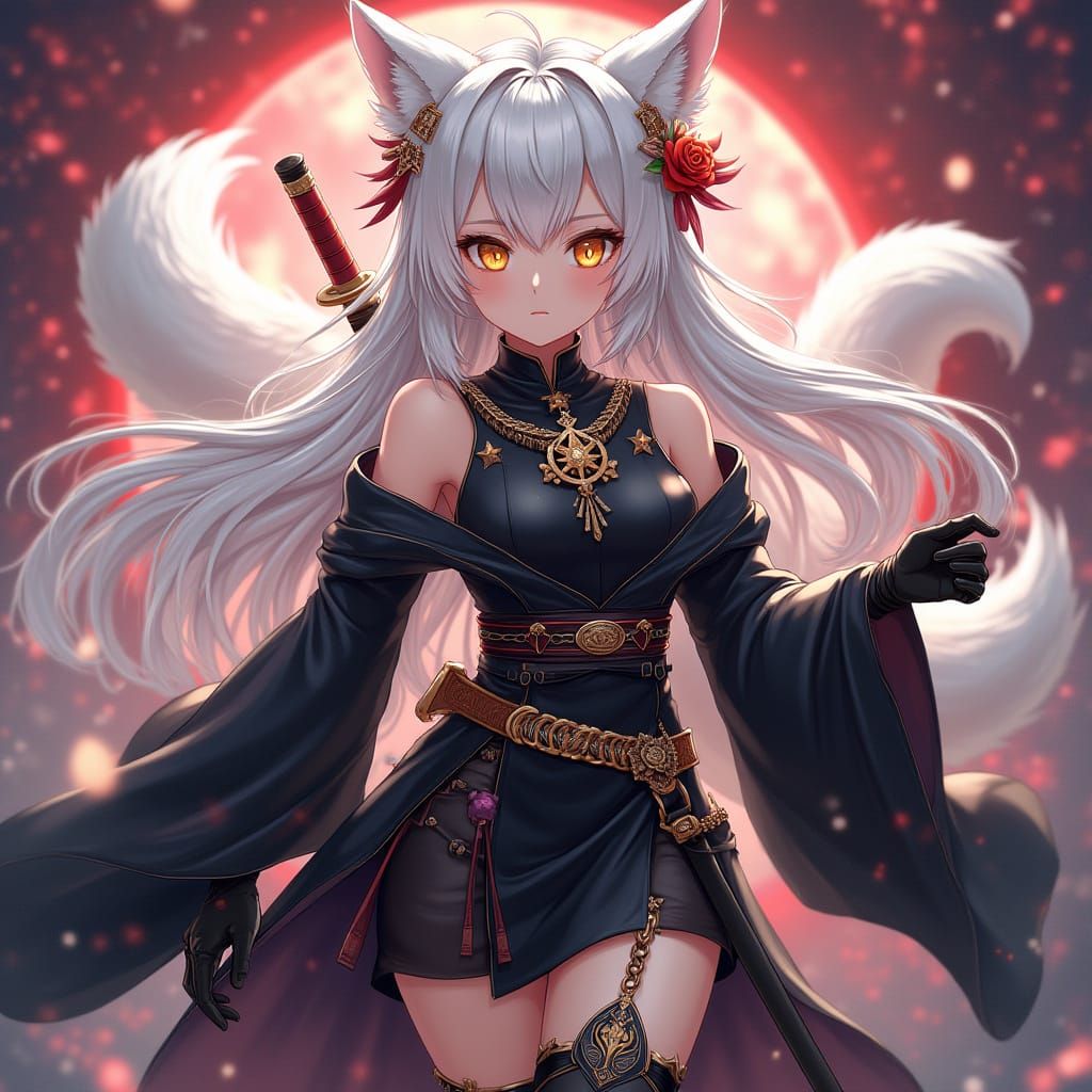 Anime Female Admiral with Kitsune Ears and Katana