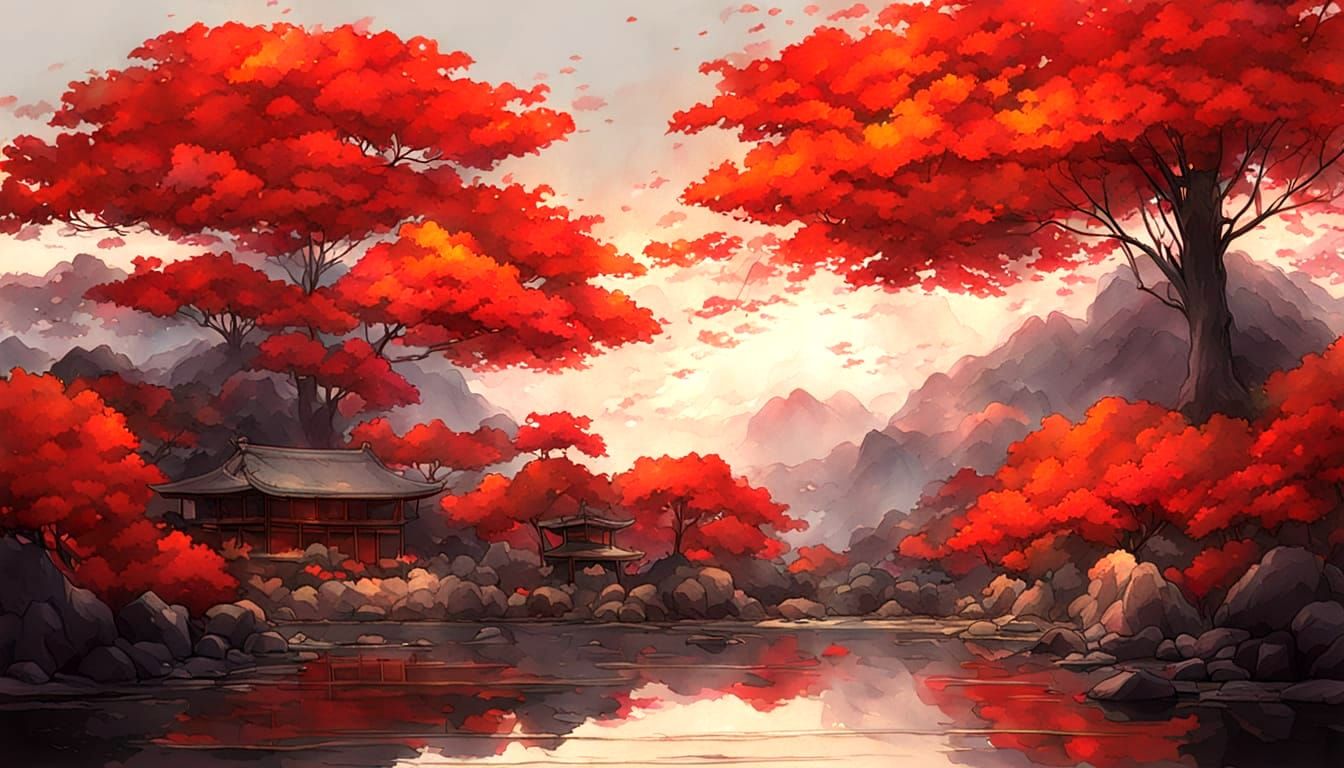 Red Maple in Zen Garden, Japanese Art Style