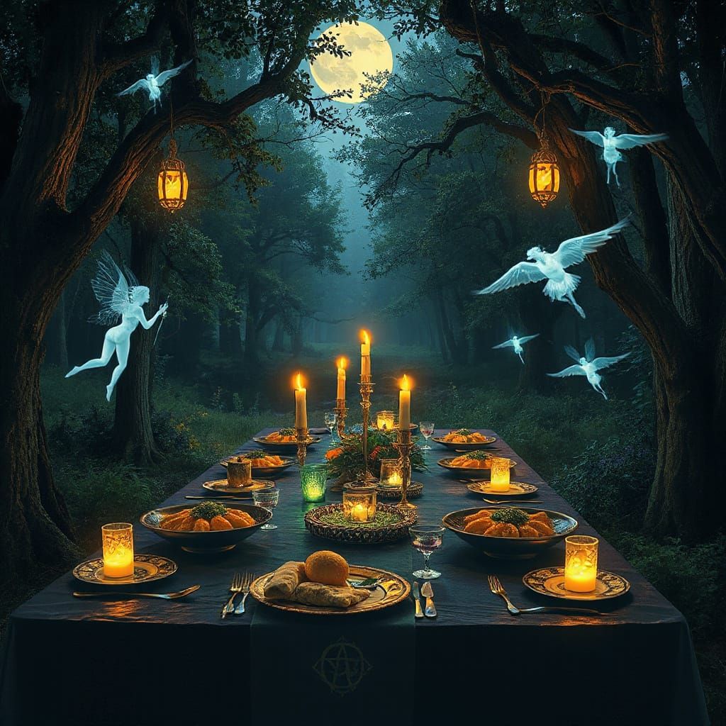Enchanted Banquet with Magical Entities in Forest Clearing